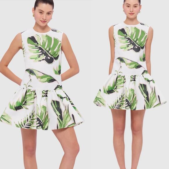 Leo Lin Petra Floral Botanica Print Mini Dress White Green Size US 8 - Picture 3 of 11